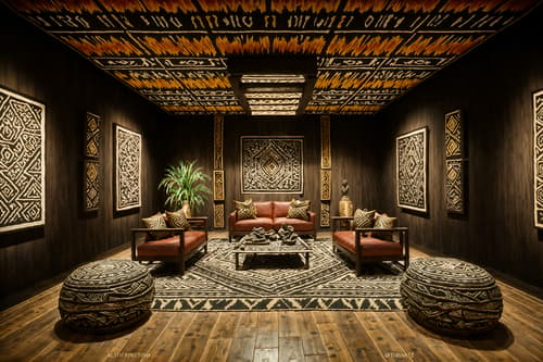 photo from pinterest of tribal-style interior designed (exhibition space interior) . with tribal patterns and sculptures and artworks and tribal revival and desert colours and exuberant splashes of colour and animal prints and planks of stone and intricate grass weaving. . cinematic photo, highly detailed, cinematic lighting, ultra-detailed, ultrarealistic, photorealism, 8k. trending on pinterest. tribal interior design style. masterpiece, cinematic light, ultrarealistic+, photorealistic+, 8k, raw photo, realistic, sharp focus on eyes, (symmetrical eyes), (intact eyes), hyperrealistic, highest quality, best quality, , highly detailed, masterpiece, best quality, extremely detailed 8k wallpaper, masterpiece, best quality, ultra-detailed, best shadow, detailed background, detailed face, detailed eyes, high contrast, best illumination, detailed face, dulux, caustic, dynamic angle, detailed glow. dramatic lighting. highly detailed, insanely detailed hair, symmetrical, intricate details, professionally retouched, 8k high definition. strong bokeh. award winning photo.