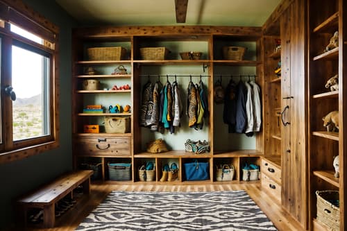 photo from pinterest of tribal-style interior designed (drop zone interior) with storage baskets and shelves for shoes and cubbies and a bench and lockers and cabinets and high up storage and wall hooks for coats. . with smooth worn timbers and animal furslinen and exuberant splashes of colour and planks of stone and animal prints and desert colours and tribal patterns and sculptures and artworks. . cinematic photo, highly detailed, cinematic lighting, ultra-detailed, ultrarealistic, photorealism, 8k. trending on pinterest. tribal interior design style. masterpiece, cinematic light, ultrarealistic+, photorealistic+, 8k, raw photo, realistic, sharp focus on eyes, (symmetrical eyes), (intact eyes), hyperrealistic, highest quality, best quality, , highly detailed, masterpiece, best quality, extremely detailed 8k wallpaper, masterpiece, best quality, ultra-detailed, best shadow, detailed background, detailed face, detailed eyes, high contrast, best illumination, detailed face, dulux, caustic, dynamic angle, detailed glow. dramatic lighting. highly detailed, insanely detailed hair, symmetrical, intricate details, professionally retouched, 8k high definition. strong bokeh. award winning photo.