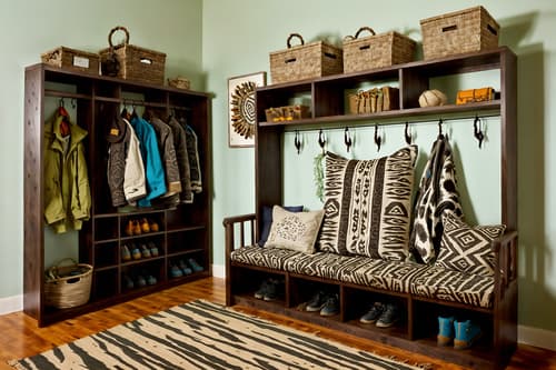 photo from pinterest of tribal-style interior designed (drop zone interior) with storage baskets and shelves for shoes and cubbies and a bench and lockers and cabinets and high up storage and wall hooks for coats. . with smooth worn timbers and animal furslinen and exuberant splashes of colour and planks of stone and animal prints and desert colours and tribal patterns and sculptures and artworks. . cinematic photo, highly detailed, cinematic lighting, ultra-detailed, ultrarealistic, photorealism, 8k. trending on pinterest. tribal interior design style. masterpiece, cinematic light, ultrarealistic+, photorealistic+, 8k, raw photo, realistic, sharp focus on eyes, (symmetrical eyes), (intact eyes), hyperrealistic, highest quality, best quality, , highly detailed, masterpiece, best quality, extremely detailed 8k wallpaper, masterpiece, best quality, ultra-detailed, best shadow, detailed background, detailed face, detailed eyes, high contrast, best illumination, detailed face, dulux, caustic, dynamic angle, detailed glow. dramatic lighting. highly detailed, insanely detailed hair, symmetrical, intricate details, professionally retouched, 8k high definition. strong bokeh. award winning photo.