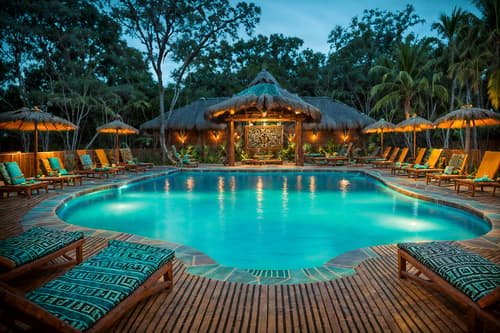 photo from pinterest of tribal-style designed (outdoor pool area ) with pool and pool lounge chairs and pool lights and pool. . with tribal patterns and animal furslinen and smooth worn timbers and planks of stone and hand dyed batik fabrics and exuberant splashes of colour and sculptures and artworks and animal prints. . cinematic photo, highly detailed, cinematic lighting, ultra-detailed, ultrarealistic, photorealism, 8k. trending on pinterest. tribal design style. masterpiece, cinematic light, ultrarealistic+, photorealistic+, 8k, raw photo, realistic, sharp focus on eyes, (symmetrical eyes), (intact eyes), hyperrealistic, highest quality, best quality, , highly detailed, masterpiece, best quality, extremely detailed 8k wallpaper, masterpiece, best quality, ultra-detailed, best shadow, detailed background, detailed face, detailed eyes, high contrast, best illumination, detailed face, dulux, caustic, dynamic angle, detailed glow. dramatic lighting. highly detailed, insanely detailed hair, symmetrical, intricate details, professionally retouched, 8k high definition. strong bokeh. award winning photo.