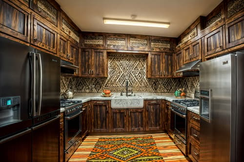 photo from pinterest of tribal-style interior designed (kitchen interior) with refrigerator and plant and kitchen cabinets and worktops and stove and sink and refrigerator. . with animal furslinen and exuberant splashes of colour and desert colours and tribal patterns and animal prints and tribal revival and sculptures and artworks and planks of stone. . cinematic photo, highly detailed, cinematic lighting, ultra-detailed, ultrarealistic, photorealism, 8k. trending on pinterest. tribal interior design style. masterpiece, cinematic light, ultrarealistic+, photorealistic+, 8k, raw photo, realistic, sharp focus on eyes, (symmetrical eyes), (intact eyes), hyperrealistic, highest quality, best quality, , highly detailed, masterpiece, best quality, extremely detailed 8k wallpaper, masterpiece, best quality, ultra-detailed, best shadow, detailed background, detailed face, detailed eyes, high contrast, best illumination, detailed face, dulux, caustic, dynamic angle, detailed glow. dramatic lighting. highly detailed, insanely detailed hair, symmetrical, intricate details, professionally retouched, 8k high definition. strong bokeh. award winning photo.