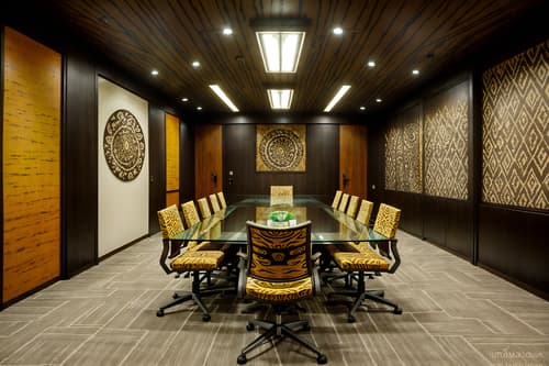 photo from pinterest of tribal-style interior designed (meeting room interior) with glass doors and vase and glass walls and boardroom table and painting or photo on wall and plant and office chairs and cabinets. . with animal prints and tribal patterns and animal furslinen and tribal revival and exuberant splashes of colour and planks of stone and desert colours and smooth worn timbers. . cinematic photo, highly detailed, cinematic lighting, ultra-detailed, ultrarealistic, photorealism, 8k. trending on pinterest. tribal interior design style. masterpiece, cinematic light, ultrarealistic+, photorealistic+, 8k, raw photo, realistic, sharp focus on eyes, (symmetrical eyes), (intact eyes), hyperrealistic, highest quality, best quality, , highly detailed, masterpiece, best quality, extremely detailed 8k wallpaper, masterpiece, best quality, ultra-detailed, best shadow, detailed background, detailed face, detailed eyes, high contrast, best illumination, detailed face, dulux, caustic, dynamic angle, detailed glow. dramatic lighting. highly detailed, insanely detailed hair, symmetrical, intricate details, professionally retouched, 8k high definition. strong bokeh. award winning photo.