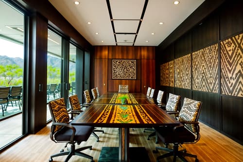 photo from pinterest of tribal-style interior designed (meeting room interior) with glass doors and vase and glass walls and boardroom table and painting or photo on wall and plant and office chairs and cabinets. . with animal prints and tribal patterns and animal furslinen and tribal revival and exuberant splashes of colour and planks of stone and desert colours and smooth worn timbers. . cinematic photo, highly detailed, cinematic lighting, ultra-detailed, ultrarealistic, photorealism, 8k. trending on pinterest. tribal interior design style. masterpiece, cinematic light, ultrarealistic+, photorealistic+, 8k, raw photo, realistic, sharp focus on eyes, (symmetrical eyes), (intact eyes), hyperrealistic, highest quality, best quality, , highly detailed, masterpiece, best quality, extremely detailed 8k wallpaper, masterpiece, best quality, ultra-detailed, best shadow, detailed background, detailed face, detailed eyes, high contrast, best illumination, detailed face, dulux, caustic, dynamic angle, detailed glow. dramatic lighting. highly detailed, insanely detailed hair, symmetrical, intricate details, professionally retouched, 8k high definition. strong bokeh. award winning photo.