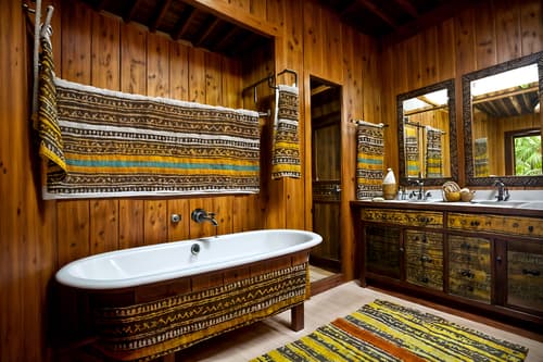 photo from pinterest of tribal-style interior designed (hotel bathroom interior) with bathroom cabinet and mirror and shower and bathroom sink with faucet and bath towel and bathtub and bath rail and waste basket. . with tribal patterns and desert colours and smooth worn timbers and exuberant splashes of colour and hand dyed batik fabrics and tribal revival and animal prints and animal furslinen. . cinematic photo, highly detailed, cinematic lighting, ultra-detailed, ultrarealistic, photorealism, 8k. trending on pinterest. tribal interior design style. masterpiece, cinematic light, ultrarealistic+, photorealistic+, 8k, raw photo, realistic, sharp focus on eyes, (symmetrical eyes), (intact eyes), hyperrealistic, highest quality, best quality, , highly detailed, masterpiece, best quality, extremely detailed 8k wallpaper, masterpiece, best quality, ultra-detailed, best shadow, detailed background, detailed face, detailed eyes, high contrast, best illumination, detailed face, dulux, caustic, dynamic angle, detailed glow. dramatic lighting. highly detailed, insanely detailed hair, symmetrical, intricate details, professionally retouched, 8k high definition. strong bokeh. award winning photo.