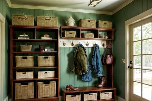 photo from pinterest of vintage-style interior designed (mudroom interior) with cubbies and wall hooks for coats and shelves for shoes and cabinets and a bench and storage baskets and storage drawers and high up storage. . with . . cinematic photo, highly detailed, cinematic lighting, ultra-detailed, ultrarealistic, photorealism, 8k. trending on pinterest. vintage interior design style. masterpiece, cinematic light, ultrarealistic+, photorealistic+, 8k, raw photo, realistic, sharp focus on eyes, (symmetrical eyes), (intact eyes), hyperrealistic, highest quality, best quality, , highly detailed, masterpiece, best quality, extremely detailed 8k wallpaper, masterpiece, best quality, ultra-detailed, best shadow, detailed background, detailed face, detailed eyes, high contrast, best illumination, detailed face, dulux, caustic, dynamic angle, detailed glow. dramatic lighting. highly detailed, insanely detailed hair, symmetrical, intricate details, professionally retouched, 8k high definition. strong bokeh. award winning photo.