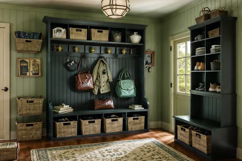 photo from pinterest of vintage-style interior designed (mudroom interior) with cubbies and wall hooks for coats and shelves for shoes and cabinets and a bench and storage baskets and storage drawers and high up storage. . with . . cinematic photo, highly detailed, cinematic lighting, ultra-detailed, ultrarealistic, photorealism, 8k. trending on pinterest. vintage interior design style. masterpiece, cinematic light, ultrarealistic+, photorealistic+, 8k, raw photo, realistic, sharp focus on eyes, (symmetrical eyes), (intact eyes), hyperrealistic, highest quality, best quality, , highly detailed, masterpiece, best quality, extremely detailed 8k wallpaper, masterpiece, best quality, ultra-detailed, best shadow, detailed background, detailed face, detailed eyes, high contrast, best illumination, detailed face, dulux, caustic, dynamic angle, detailed glow. dramatic lighting. highly detailed, insanely detailed hair, symmetrical, intricate details, professionally retouched, 8k high definition. strong bokeh. award winning photo.