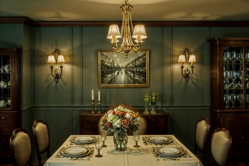 photo from pinterest of vintage-style interior designed (dining room interior) with dining table chairs and vase and plates, cutlery and glasses on dining table and dining table and light or chandelier and bookshelves and table cloth and painting or photo on wall. . with . . cinematic photo, highly detailed, cinematic lighting, ultra-detailed, ultrarealistic, photorealism, 8k. trending on pinterest. vintage interior design style. masterpiece, cinematic light, ultrarealistic+, photorealistic+, 8k, raw photo, realistic, sharp focus on eyes, (symmetrical eyes), (intact eyes), hyperrealistic, highest quality, best quality, , highly detailed, masterpiece, best quality, extremely detailed 8k wallpaper, masterpiece, best quality, ultra-detailed, best shadow, detailed background, detailed face, detailed eyes, high contrast, best illumination, detailed face, dulux, caustic, dynamic angle, detailed glow. dramatic lighting. highly detailed, insanely detailed hair, symmetrical, intricate details, professionally retouched, 8k high definition. strong bokeh. award winning photo.