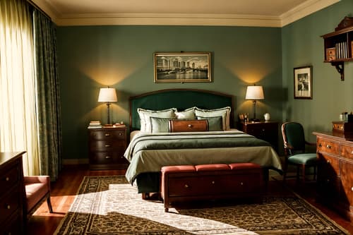 photo from pinterest of vintage-style interior designed (hotel room interior) with bed and hotel bathroom and storage bench or ottoman and headboard and dresser closet and plant and working desk with desk chair and accent chair. . with . . cinematic photo, highly detailed, cinematic lighting, ultra-detailed, ultrarealistic, photorealism, 8k. trending on pinterest. vintage interior design style. masterpiece, cinematic light, ultrarealistic+, photorealistic+, 8k, raw photo, realistic, sharp focus on eyes, (symmetrical eyes), (intact eyes), hyperrealistic, highest quality, best quality, , highly detailed, masterpiece, best quality, extremely detailed 8k wallpaper, masterpiece, best quality, ultra-detailed, best shadow, detailed background, detailed face, detailed eyes, high contrast, best illumination, detailed face, dulux, caustic, dynamic angle, detailed glow. dramatic lighting. highly detailed, insanely detailed hair, symmetrical, intricate details, professionally retouched, 8k high definition. strong bokeh. award winning photo.
