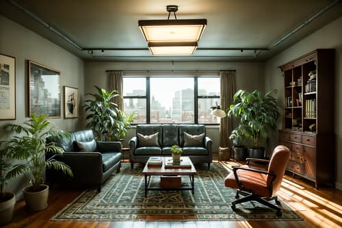 photo from pinterest of vintage-style interior designed (office interior) with windows and office chairs and plants and seating area with sofa and office desks and desk lamps and lounge chairs and computer desks. . with . . cinematic photo, highly detailed, cinematic lighting, ultra-detailed, ultrarealistic, photorealism, 8k. trending on pinterest. vintage interior design style. masterpiece, cinematic light, ultrarealistic+, photorealistic+, 8k, raw photo, realistic, sharp focus on eyes, (symmetrical eyes), (intact eyes), hyperrealistic, highest quality, best quality, , highly detailed, masterpiece, best quality, extremely detailed 8k wallpaper, masterpiece, best quality, ultra-detailed, best shadow, detailed background, detailed face, detailed eyes, high contrast, best illumination, detailed face, dulux, caustic, dynamic angle, detailed glow. dramatic lighting. highly detailed, insanely detailed hair, symmetrical, intricate details, professionally retouched, 8k high definition. strong bokeh. award winning photo.