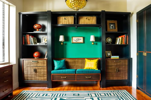 photo from pinterest of art deco-style interior designed (drop zone interior) with storage baskets and storage drawers and shelves for shoes and high up storage and cubbies and wall hooks for coats and lockers and a bench. . with symmetrical designs and smooth lines and luxury and bright and cheerful colors and decadent detail and glamour and geometric lines and exuberant shapes. . cinematic photo, highly detailed, cinematic lighting, ultra-detailed, ultrarealistic, photorealism, 8k. trending on pinterest. art deco interior design style. masterpiece, cinematic light, ultrarealistic+, photorealistic+, 8k, raw photo, realistic, sharp focus on eyes, (symmetrical eyes), (intact eyes), hyperrealistic, highest quality, best quality, , highly detailed, masterpiece, best quality, extremely detailed 8k wallpaper, masterpiece, best quality, ultra-detailed, best shadow, detailed background, detailed face, detailed eyes, high contrast, best illumination, detailed face, dulux, caustic, dynamic angle, detailed glow. dramatic lighting. highly detailed, insanely detailed hair, symmetrical, intricate details, professionally retouched, 8k high definition. strong bokeh. award winning photo.
