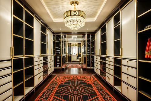 photo from pinterest of art deco-style interior designed (walk in closet interior) . with symmetrical designs and luxury and smooth lines and decadent detail and abstract patterns and stream-lined forms and angular shapes and bright and cheerful colors. . cinematic photo, highly detailed, cinematic lighting, ultra-detailed, ultrarealistic, photorealism, 8k. trending on pinterest. art deco interior design style. masterpiece, cinematic light, ultrarealistic+, photorealistic+, 8k, raw photo, realistic, sharp focus on eyes, (symmetrical eyes), (intact eyes), hyperrealistic, highest quality, best quality, , highly detailed, masterpiece, best quality, extremely detailed 8k wallpaper, masterpiece, best quality, ultra-detailed, best shadow, detailed background, detailed face, detailed eyes, high contrast, best illumination, detailed face, dulux, caustic, dynamic angle, detailed glow. dramatic lighting. highly detailed, insanely detailed hair, symmetrical, intricate details, professionally retouched, 8k high definition. strong bokeh. award winning photo.