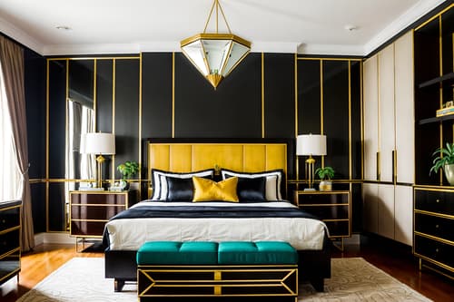 photo from pinterest of art deco-style interior designed (bedroom interior) with night light and accent chair and dresser closet and storage bench or ottoman and plant and bedside table or night stand and mirror and headboard. . with smooth lines and stream-lined forms and geometric shapes and bold geometry and rich colors and symmetrical designs and glamour and bright and cheerful colors. . cinematic photo, highly detailed, cinematic lighting, ultra-detailed, ultrarealistic, photorealism, 8k. trending on pinterest. art deco interior design style. masterpiece, cinematic light, ultrarealistic+, photorealistic+, 8k, raw photo, realistic, sharp focus on eyes, (symmetrical eyes), (intact eyes), hyperrealistic, highest quality, best quality, , highly detailed, masterpiece, best quality, extremely detailed 8k wallpaper, masterpiece, best quality, ultra-detailed, best shadow, detailed background, detailed face, detailed eyes, high contrast, best illumination, detailed face, dulux, caustic, dynamic angle, detailed glow. dramatic lighting. highly detailed, insanely detailed hair, symmetrical, intricate details, professionally retouched, 8k high definition. strong bokeh. award winning photo.