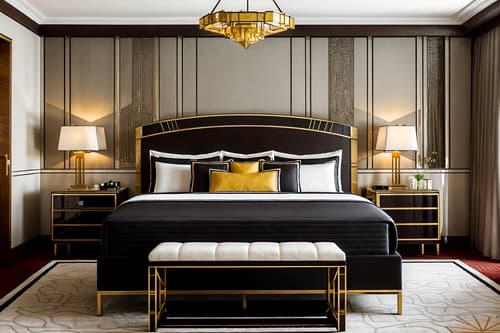 photo from pinterest of art deco-style interior designed (hotel room interior) with headboard and hotel bathroom and accent chair and storage bench or ottoman and bedside table or night stand and mirror and bed and working desk with desk chair. . with angular shapes and abstract patterns and geometric lines and luxury and stream-lined forms and exuberant shapes and symmetrical designs and bold geometry. . cinematic photo, highly detailed, cinematic lighting, ultra-detailed, ultrarealistic, photorealism, 8k. trending on pinterest. art deco interior design style. masterpiece, cinematic light, ultrarealistic+, photorealistic+, 8k, raw photo, realistic, sharp focus on eyes, (symmetrical eyes), (intact eyes), hyperrealistic, highest quality, best quality, , highly detailed, masterpiece, best quality, extremely detailed 8k wallpaper, masterpiece, best quality, ultra-detailed, best shadow, detailed background, detailed face, detailed eyes, high contrast, best illumination, detailed face, dulux, caustic, dynamic angle, detailed glow. dramatic lighting. highly detailed, insanely detailed hair, symmetrical, intricate details, professionally retouched, 8k high definition. strong bokeh. award winning photo.