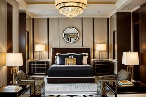 photo from pinterest of art deco-style interior designed (hotel room interior) with headboard and hotel bathroom and accent chair and storage bench or ottoman and bedside table or night stand and mirror and bed and working desk with desk chair. . with angular shapes and abstract patterns and geometric lines and luxury and stream-lined forms and exuberant shapes and symmetrical designs and bold geometry. . cinematic photo, highly detailed, cinematic lighting, ultra-detailed, ultrarealistic, photorealism, 8k. trending on pinterest. art deco interior design style. masterpiece, cinematic light, ultrarealistic+, photorealistic+, 8k, raw photo, realistic, sharp focus on eyes, (symmetrical eyes), (intact eyes), hyperrealistic, highest quality, best quality, , highly detailed, masterpiece, best quality, extremely detailed 8k wallpaper, masterpiece, best quality, ultra-detailed, best shadow, detailed background, detailed face, detailed eyes, high contrast, best illumination, detailed face, dulux, caustic, dynamic angle, detailed glow. dramatic lighting. highly detailed, insanely detailed hair, symmetrical, intricate details, professionally retouched, 8k high definition. strong bokeh. award winning photo.