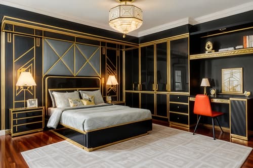 photo from pinterest of art deco-style interior designed (kids room interior) with kids desk and night light and storage bench or ottoman and headboard and bed and dresser closet and plant and bedside table or night stand. . with geometric lines and stream-lined forms and angular shapes and exuberant shapes and luxury and glamour and geometric shapes and decadent detail. . cinematic photo, highly detailed, cinematic lighting, ultra-detailed, ultrarealistic, photorealism, 8k. trending on pinterest. art deco interior design style. masterpiece, cinematic light, ultrarealistic+, photorealistic+, 8k, raw photo, realistic, sharp focus on eyes, (symmetrical eyes), (intact eyes), hyperrealistic, highest quality, best quality, , highly detailed, masterpiece, best quality, extremely detailed 8k wallpaper, masterpiece, best quality, ultra-detailed, best shadow, detailed background, detailed face, detailed eyes, high contrast, best illumination, detailed face, dulux, caustic, dynamic angle, detailed glow. dramatic lighting. highly detailed, insanely detailed hair, symmetrical, intricate details, professionally retouched, 8k high definition. strong bokeh. award winning photo.
