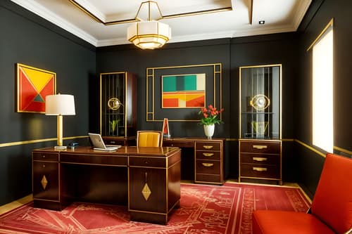 photo from pinterest of art deco-style interior designed (home office interior) with desk lamp and office chair and computer desk and plant and cabinets and desk lamp. . with bright and cheerful colors and smooth lines and angular shapes and luxury and abstract patterns and bold geometry and decadent detail and geometric lines. . cinematic photo, highly detailed, cinematic lighting, ultra-detailed, ultrarealistic, photorealism, 8k. trending on pinterest. art deco interior design style. masterpiece, cinematic light, ultrarealistic+, photorealistic+, 8k, raw photo, realistic, sharp focus on eyes, (symmetrical eyes), (intact eyes), hyperrealistic, highest quality, best quality, , highly detailed, masterpiece, best quality, extremely detailed 8k wallpaper, masterpiece, best quality, ultra-detailed, best shadow, detailed background, detailed face, detailed eyes, high contrast, best illumination, detailed face, dulux, caustic, dynamic angle, detailed glow. dramatic lighting. highly detailed, insanely detailed hair, symmetrical, intricate details, professionally retouched, 8k high definition. strong bokeh. award winning photo.