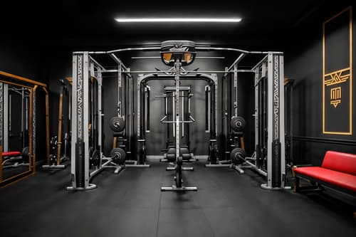photo from pinterest of art deco-style interior designed (fitness gym interior) with squat rack and crosstrainer and dumbbell stand and bench press and exercise bicycle and squat rack. . with decadent detail and glamour and stream-lined forms and smooth lines and bold geometry and luxury and geometric lines and angular shapes. . cinematic photo, highly detailed, cinematic lighting, ultra-detailed, ultrarealistic, photorealism, 8k. trending on pinterest. art deco interior design style. masterpiece, cinematic light, ultrarealistic+, photorealistic+, 8k, raw photo, realistic, sharp focus on eyes, (symmetrical eyes), (intact eyes), hyperrealistic, highest quality, best quality, , highly detailed, masterpiece, best quality, extremely detailed 8k wallpaper, masterpiece, best quality, ultra-detailed, best shadow, detailed background, detailed face, detailed eyes, high contrast, best illumination, detailed face, dulux, caustic, dynamic angle, detailed glow. dramatic lighting. highly detailed, insanely detailed hair, symmetrical, intricate details, professionally retouched, 8k high definition. strong bokeh. award winning photo.