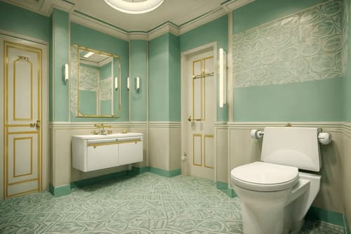 photo from pinterest of art deco-style interior designed (toilet interior) with toilet paper hanger and sink with tap and toilet with toilet seat up and toilet paper hanger. . with exuberant shapes and smooth lines and bold geometry and glamour and luxury and bright and cheerful colors and geometric shapes and symmetrical designs. . cinematic photo, highly detailed, cinematic lighting, ultra-detailed, ultrarealistic, photorealism, 8k. trending on pinterest. art deco interior design style. masterpiece, cinematic light, ultrarealistic+, photorealistic+, 8k, raw photo, realistic, sharp focus on eyes, (symmetrical eyes), (intact eyes), hyperrealistic, highest quality, best quality, , highly detailed, masterpiece, best quality, extremely detailed 8k wallpaper, masterpiece, best quality, ultra-detailed, best shadow, detailed background, detailed face, detailed eyes, high contrast, best illumination, detailed face, dulux, caustic, dynamic angle, detailed glow. dramatic lighting. highly detailed, insanely detailed hair, symmetrical, intricate details, professionally retouched, 8k high definition. strong bokeh. award winning photo.