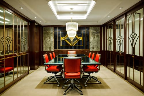 photo from pinterest of art deco-style interior designed (meeting room interior) with glass doors and glass walls and cabinets and vase and boardroom table and plant and office chairs and painting or photo on wall. . with stream-lined forms and exuberant shapes and geometric shapes and abstract patterns and bright and cheerful colors and angular shapes and rich colors and glamour. . cinematic photo, highly detailed, cinematic lighting, ultra-detailed, ultrarealistic, photorealism, 8k. trending on pinterest. art deco interior design style. masterpiece, cinematic light, ultrarealistic+, photorealistic+, 8k, raw photo, realistic, sharp focus on eyes, (symmetrical eyes), (intact eyes), hyperrealistic, highest quality, best quality, , highly detailed, masterpiece, best quality, extremely detailed 8k wallpaper, masterpiece, best quality, ultra-detailed, best shadow, detailed background, detailed face, detailed eyes, high contrast, best illumination, detailed face, dulux, caustic, dynamic angle, detailed glow. dramatic lighting. highly detailed, insanely detailed hair, symmetrical, intricate details, professionally retouched, 8k high definition. strong bokeh. award winning photo.