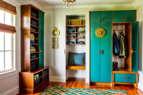 photo from pinterest of art deco-style interior designed (mudroom interior) with shelves for shoes and storage drawers and storage baskets and wall hooks for coats and high up storage and a bench and cabinets and cubbies. . with abstract patterns and exuberant shapes and stream-lined forms and bright and cheerful colors and bold geometry and glamour and angular shapes and geometric shapes. . cinematic photo, highly detailed, cinematic lighting, ultra-detailed, ultrarealistic, photorealism, 8k. trending on pinterest. art deco interior design style. masterpiece, cinematic light, ultrarealistic+, photorealistic+, 8k, raw photo, realistic, sharp focus on eyes, (symmetrical eyes), (intact eyes), hyperrealistic, highest quality, best quality, , highly detailed, masterpiece, best quality, extremely detailed 8k wallpaper, masterpiece, best quality, ultra-detailed, best shadow, detailed background, detailed face, detailed eyes, high contrast, best illumination, detailed face, dulux, caustic, dynamic angle, detailed glow. dramatic lighting. highly detailed, insanely detailed hair, symmetrical, intricate details, professionally retouched, 8k high definition. strong bokeh. award winning photo.