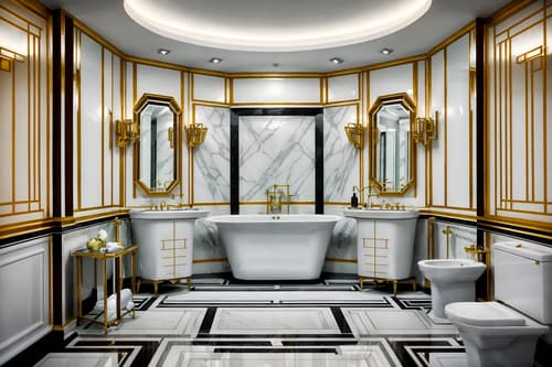 photo from pinterest of art deco-style interior designed (hotel bathroom interior) with mirror and bathroom sink with faucet and waste basket and bath rail and bathroom cabinet and shower and toilet seat and bath towel. . with angular shapes and glamour and luxury and geometric shapes and geometric lines and smooth lines and exuberant shapes and abstract patterns. . cinematic photo, highly detailed, cinematic lighting, ultra-detailed, ultrarealistic, photorealism, 8k. trending on pinterest. art deco interior design style. masterpiece, cinematic light, ultrarealistic+, photorealistic+, 8k, raw photo, realistic, sharp focus on eyes, (symmetrical eyes), (intact eyes), hyperrealistic, highest quality, best quality, , highly detailed, masterpiece, best quality, extremely detailed 8k wallpaper, masterpiece, best quality, ultra-detailed, best shadow, detailed background, detailed face, detailed eyes, high contrast, best illumination, detailed face, dulux, caustic, dynamic angle, detailed glow. dramatic lighting. highly detailed, insanely detailed hair, symmetrical, intricate details, professionally retouched, 8k high definition. strong bokeh. award winning photo.