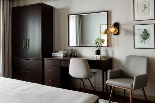 photo from pinterest of simple-style interior designed (hotel room interior) with mirror and hotel bathroom and accent chair and headboard and dresser closet and storage bench or ottoman and night light and working desk with desk chair. . . cinematic photo, highly detailed, cinematic lighting, ultra-detailed, ultrarealistic, photorealism, 8k. trending on pinterest. simple interior design style. masterpiece, cinematic light, ultrarealistic+, photorealistic+, 8k, raw photo, realistic, sharp focus on eyes, (symmetrical eyes), (intact eyes), hyperrealistic, highest quality, best quality, , highly detailed, masterpiece, best quality, extremely detailed 8k wallpaper, masterpiece, best quality, ultra-detailed, best shadow, detailed background, detailed face, detailed eyes, high contrast, best illumination, detailed face, dulux, caustic, dynamic angle, detailed glow. dramatic lighting. highly detailed, insanely detailed hair, symmetrical, intricate details, professionally retouched, 8k high definition. strong bokeh. award winning photo.