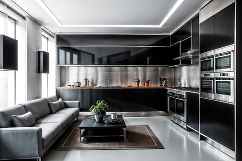 photo from pinterest of futuristic-style interior designed (kitchen living combo interior) with worktops and furniture and plant and stove and sofa and rug and coffee tables and refrigerator. . with steel finishing and monochromatic palette and strong geometric walls and futurism and minimalist clean lines and spaceship interior and neutral background and bright accents and futuristic interior. . cinematic photo, highly detailed, cinematic lighting, ultra-detailed, ultrarealistic, photorealism, 8k. trending on pinterest. futuristic interior design style. masterpiece, cinematic light, ultrarealistic+, photorealistic+, 8k, raw photo, realistic, sharp focus on eyes, (symmetrical eyes), (intact eyes), hyperrealistic, highest quality, best quality, , highly detailed, masterpiece, best quality, extremely detailed 8k wallpaper, masterpiece, best quality, ultra-detailed, best shadow, detailed background, detailed face, detailed eyes, high contrast, best illumination, detailed face, dulux, caustic, dynamic angle, detailed glow. dramatic lighting. highly detailed, insanely detailed hair, symmetrical, intricate details, professionally retouched, 8k high definition. strong bokeh. award winning photo.