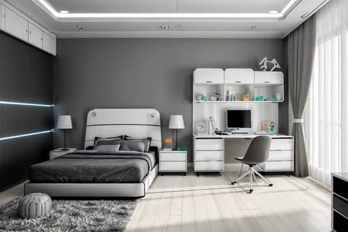 photo from pinterest of futuristic-style interior designed (kids room interior) with accent chair and bedside table or night stand and mirror and kids desk and headboard and night light and dresser closet and plant. . with futurism minimalist interior and glass panes and neutral background and bright accents and monochromatic palette and minimalist clean lines and strong geometric walls and spaceship interior and floating surfaces. . cinematic photo, highly detailed, cinematic lighting, ultra-detailed, ultrarealistic, photorealism, 8k. trending on pinterest. futuristic interior design style. masterpiece, cinematic light, ultrarealistic+, photorealistic+, 8k, raw photo, realistic, sharp focus on eyes, (symmetrical eyes), (intact eyes), hyperrealistic, highest quality, best quality, , highly detailed, masterpiece, best quality, extremely detailed 8k wallpaper, masterpiece, best quality, ultra-detailed, best shadow, detailed background, detailed face, detailed eyes, high contrast, best illumination, detailed face, dulux, caustic, dynamic angle, detailed glow. dramatic lighting. highly detailed, insanely detailed hair, symmetrical, intricate details, professionally retouched, 8k high definition. strong bokeh. award winning photo.