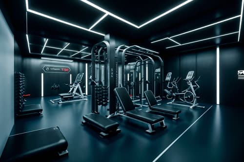 photo from pinterest of futuristic-style interior designed (fitness gym interior) with dumbbell stand and exercise bicycle and crosstrainer and bench press and squat rack and dumbbell stand. . with futurism minimalist interior and spaceship interior and monochromatic palette and floating surfaces and steel finishing and futuristic interior and minimalist clean lines and strong geometric walls. . cinematic photo, highly detailed, cinematic lighting, ultra-detailed, ultrarealistic, photorealism, 8k. trending on pinterest. futuristic interior design style. masterpiece, cinematic light, ultrarealistic+, photorealistic+, 8k, raw photo, realistic, sharp focus on eyes, (symmetrical eyes), (intact eyes), hyperrealistic, highest quality, best quality, , highly detailed, masterpiece, best quality, extremely detailed 8k wallpaper, masterpiece, best quality, ultra-detailed, best shadow, detailed background, detailed face, detailed eyes, high contrast, best illumination, detailed face, dulux, caustic, dynamic angle, detailed glow. dramatic lighting. highly detailed, insanely detailed hair, symmetrical, intricate details, professionally retouched, 8k high definition. strong bokeh. award winning photo.