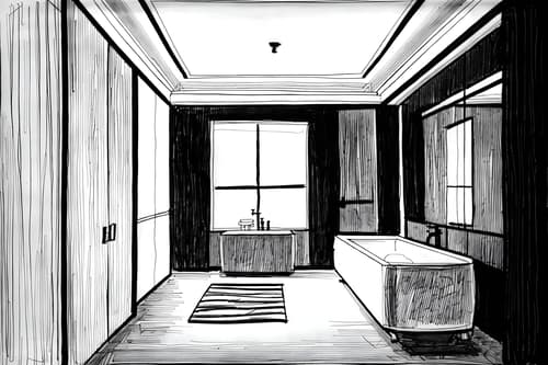(hand-drawn monochrome black and white sketch line drawing)++ of sketch-style interior designed (hotel bathroom) apartment interior. a sketch of interior. with . . a sketch of interior. with bathroom cabinet and bathtub and mirror. trending on artstation. black and white line drawing sketch without colors. masterpiece, cinematic light, ultrarealistic+, photorealistic+, 8k, raw photo, realistic, sharp focus on eyes, (symmetrical eyes), (intact eyes), hyperrealistic, highest quality, best quality, , highly detailed, masterpiece, best quality, extremely detailed 8k wallpaper, masterpiece, best quality, ultra-detailed, best shadow, detailed background, detailed face, detailed eyes, high contrast, best illumination, detailed face, dulux, caustic, dynamic angle, detailed glow. dramatic lighting. highly detailed, insanely detailed hair, symmetrical, intricate details, professionally retouched, 8k high definition. strong bokeh. award winning photo.