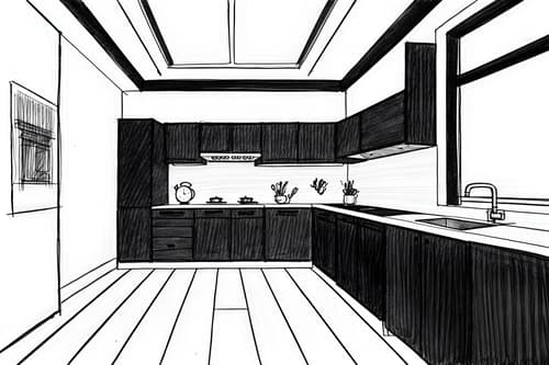 (hand-drawn monochrome black and white sketch line drawing)++ of sketch-style interior designed (kitchen) apartment interior. a sketch of interior. with . . a sketch of interior. with sink and kitchen cabinets and worktops. trending on artstation. black and white line drawing sketch without colors. masterpiece, cinematic light, ultrarealistic+, photorealistic+, 8k, raw photo, realistic, sharp focus on eyes, (symmetrical eyes), (intact eyes), hyperrealistic, highest quality, best quality, , highly detailed, masterpiece, best quality, extremely detailed 8k wallpaper, masterpiece, best quality, ultra-detailed, best shadow, detailed background, detailed face, detailed eyes, high contrast, best illumination, detailed face, dulux, caustic, dynamic angle, detailed glow. dramatic lighting. highly detailed, insanely detailed hair, symmetrical, intricate details, professionally retouched, 8k high definition. strong bokeh. award winning photo.