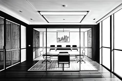(hand-drawn monochrome black and white sketch line drawing)++ of sketch-style interior designed (meeting room) apartment interior. a sketch of interior. with . . a sketch of interior. with glass walls and glass doors and boardroom table. trending on artstation. black and white line drawing sketch without colors. masterpiece, cinematic light, ultrarealistic+, photorealistic+, 8k, raw photo, realistic, sharp focus on eyes, (symmetrical eyes), (intact eyes), hyperrealistic, highest quality, best quality, , highly detailed, masterpiece, best quality, extremely detailed 8k wallpaper, masterpiece, best quality, ultra-detailed, best shadow, detailed background, detailed face, detailed eyes, high contrast, best illumination, detailed face, dulux, caustic, dynamic angle, detailed glow. dramatic lighting. highly detailed, insanely detailed hair, symmetrical, intricate details, professionally retouched, 8k high definition. strong bokeh. award winning photo.