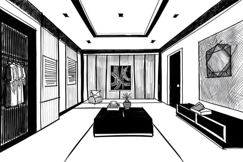 (hand-drawn monochrome black and white sketch line drawing)++ of sketch-style interior designed (clothing store) apartment interior. a sketch of interior. with . . a sketch of interior. trending on artstation. black and white line drawing sketch without colors. masterpiece, cinematic light, ultrarealistic+, photorealistic+, 8k, raw photo, realistic, sharp focus on eyes, (symmetrical eyes), (intact eyes), hyperrealistic, highest quality, best quality, , highly detailed, masterpiece, best quality, extremely detailed 8k wallpaper, masterpiece, best quality, ultra-detailed, best shadow, detailed background, detailed face, detailed eyes, high contrast, best illumination, detailed face, dulux, caustic, dynamic angle, detailed glow. dramatic lighting. highly detailed, insanely detailed hair, symmetrical, intricate details, professionally retouched, 8k high definition. strong bokeh. award winning photo.