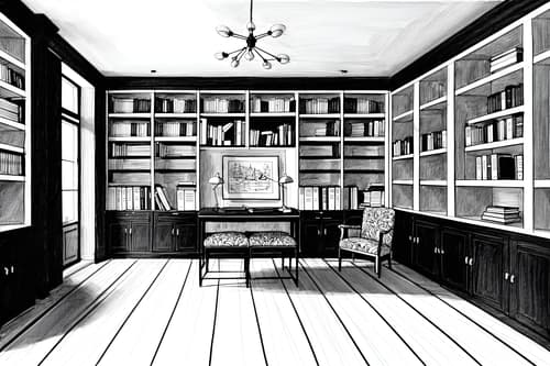 (hand-drawn monochrome black and white sketch line drawing)++ of sketch-style interior designed (study room) apartment interior. a sketch of interior. with . . a sketch of interior. with bookshelves and plant and cabinets. trending on artstation. black and white line drawing sketch without colors. masterpiece, cinematic light, ultrarealistic+, photorealistic+, 8k, raw photo, realistic, sharp focus on eyes, (symmetrical eyes), (intact eyes), hyperrealistic, highest quality, best quality, , highly detailed, masterpiece, best quality, extremely detailed 8k wallpaper, masterpiece, best quality, ultra-detailed, best shadow, detailed background, detailed face, detailed eyes, high contrast, best illumination, detailed face, dulux, caustic, dynamic angle, detailed glow. dramatic lighting. highly detailed, insanely detailed hair, symmetrical, intricate details, professionally retouched, 8k high definition. strong bokeh. award winning photo.