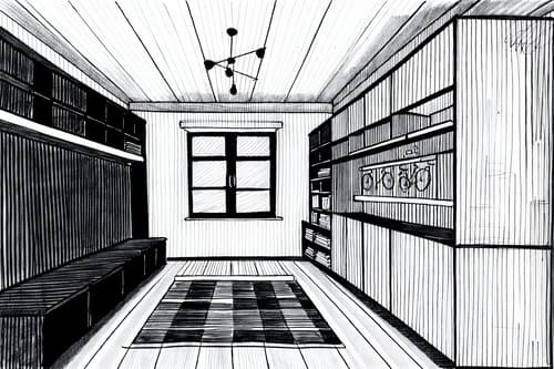 (hand-drawn monochrome black and white sketch line drawing)++ of sketch-style interior designed (mudroom) apartment interior. a sketch of interior. with . . a sketch of interior. with a bench and storage drawers and shelves for shoes. trending on artstation. black and white line drawing sketch without colors. masterpiece, cinematic light, ultrarealistic+, photorealistic+, 8k, raw photo, realistic, sharp focus on eyes, (symmetrical eyes), (intact eyes), hyperrealistic, highest quality, best quality, , highly detailed, masterpiece, best quality, extremely detailed 8k wallpaper, masterpiece, best quality, ultra-detailed, best shadow, detailed background, detailed face, detailed eyes, high contrast, best illumination, detailed face, dulux, caustic, dynamic angle, detailed glow. dramatic lighting. highly detailed, insanely detailed hair, symmetrical, intricate details, professionally retouched, 8k high definition. strong bokeh. award winning photo.