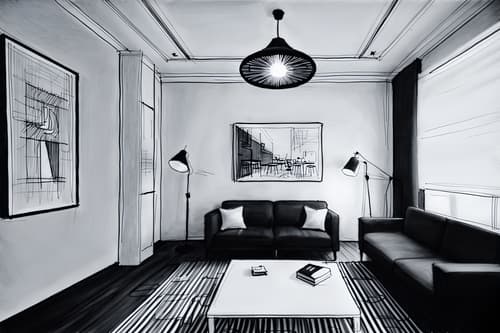 (hand-drawn monochrome black and white sketch line drawing)++ of sketch-style interior designed (office) apartment interior. a sketch of interior. with . . a sketch of interior. with desk lamps and office desks and office chairs. trending on artstation. black and white line drawing sketch without colors. masterpiece, cinematic light, ultrarealistic+, photorealistic+, 8k, raw photo, realistic, sharp focus on eyes, (symmetrical eyes), (intact eyes), hyperrealistic, highest quality, best quality, , highly detailed, masterpiece, best quality, extremely detailed 8k wallpaper, masterpiece, best quality, ultra-detailed, best shadow, detailed background, detailed face, detailed eyes, high contrast, best illumination, detailed face, dulux, caustic, dynamic angle, detailed glow. dramatic lighting. highly detailed, insanely detailed hair, symmetrical, intricate details, professionally retouched, 8k high definition. strong bokeh. award winning photo.