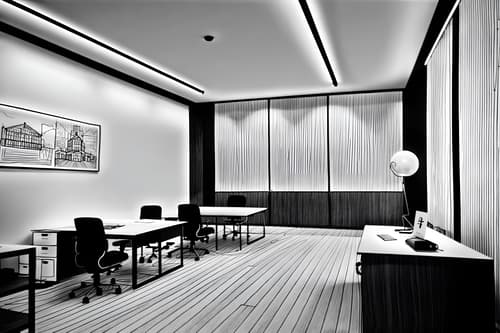(hand-drawn monochrome black and white sketch line drawing)++ of sketch-style interior designed (office) apartment interior. a sketch of interior. with . . a sketch of interior. with desk lamps and office desks and office chairs. trending on artstation. black and white line drawing sketch without colors. masterpiece, cinematic light, ultrarealistic+, photorealistic+, 8k, raw photo, realistic, sharp focus on eyes, (symmetrical eyes), (intact eyes), hyperrealistic, highest quality, best quality, , highly detailed, masterpiece, best quality, extremely detailed 8k wallpaper, masterpiece, best quality, ultra-detailed, best shadow, detailed background, detailed face, detailed eyes, high contrast, best illumination, detailed face, dulux, caustic, dynamic angle, detailed glow. dramatic lighting. highly detailed, insanely detailed hair, symmetrical, intricate details, professionally retouched, 8k high definition. strong bokeh. award winning photo.