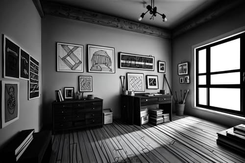 (hand-drawn monochrome black and white sketch line drawing)++ of sketch-style interior designed (workshop) apartment interior. a sketch of interior. with . . a sketch of interior. with tool wall and messy and wooden workbench. trending on artstation. black and white line drawing sketch without colors. masterpiece, cinematic light, ultrarealistic+, photorealistic+, 8k, raw photo, realistic, sharp focus on eyes, (symmetrical eyes), (intact eyes), hyperrealistic, highest quality, best quality, , highly detailed, masterpiece, best quality, extremely detailed 8k wallpaper, masterpiece, best quality, ultra-detailed, best shadow, detailed background, detailed face, detailed eyes, high contrast, best illumination, detailed face, dulux, caustic, dynamic angle, detailed glow. dramatic lighting. highly detailed, insanely detailed hair, symmetrical, intricate details, professionally retouched, 8k high definition. strong bokeh. award winning photo.