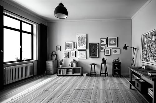 (hand-drawn monochrome black and white sketch line drawing)++ of sketch-style interior designed (workshop) apartment interior. a sketch of interior. with . . a sketch of interior. with tool wall and messy and wooden workbench. trending on artstation. black and white line drawing sketch without colors. masterpiece, cinematic light, ultrarealistic+, photorealistic+, 8k, raw photo, realistic, sharp focus on eyes, (symmetrical eyes), (intact eyes), hyperrealistic, highest quality, best quality, , highly detailed, masterpiece, best quality, extremely detailed 8k wallpaper, masterpiece, best quality, ultra-detailed, best shadow, detailed background, detailed face, detailed eyes, high contrast, best illumination, detailed face, dulux, caustic, dynamic angle, detailed glow. dramatic lighting. highly detailed, insanely detailed hair, symmetrical, intricate details, professionally retouched, 8k high definition. strong bokeh. award winning photo.