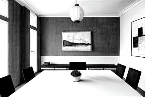 (hand-drawn monochrome black and white sketch line drawing)++ of sketch-style interior designed (dining room) apartment interior. a sketch of interior. with . . a sketch of interior. with plant and painting or photo on wall and vase. trending on artstation. black and white line drawing sketch without colors. masterpiece, cinematic light, ultrarealistic+, photorealistic+, 8k, raw photo, realistic, sharp focus on eyes, (symmetrical eyes), (intact eyes), hyperrealistic, highest quality, best quality, , highly detailed, masterpiece, best quality, extremely detailed 8k wallpaper, masterpiece, best quality, ultra-detailed, best shadow, detailed background, detailed face, detailed eyes, high contrast, best illumination, detailed face, dulux, caustic, dynamic angle, detailed glow. dramatic lighting. highly detailed, insanely detailed hair, symmetrical, intricate details, professionally retouched, 8k high definition. strong bokeh. award winning photo.