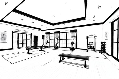 (hand-drawn monochrome black and white sketch line drawing)++ of sketch-style interior designed (fitness gym) apartment interior. a sketch of interior. with . . a sketch of interior. with bench press and dumbbell stand and crosstrainer. trending on artstation. black and white line drawing sketch without colors. masterpiece, cinematic light, ultrarealistic+, photorealistic+, 8k, raw photo, realistic, sharp focus on eyes, (symmetrical eyes), (intact eyes), hyperrealistic, highest quality, best quality, , highly detailed, masterpiece, best quality, extremely detailed 8k wallpaper, masterpiece, best quality, ultra-detailed, best shadow, detailed background, detailed face, detailed eyes, high contrast, best illumination, detailed face, dulux, caustic, dynamic angle, detailed glow. dramatic lighting. highly detailed, insanely detailed hair, symmetrical, intricate details, professionally retouched, 8k high definition. strong bokeh. award winning photo.