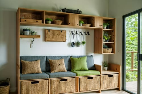 photo from pinterest of biophilic-style interior designed (drop zone interior) with high up storage and cabinets and a bench and storage baskets and wall hooks for coats and storage drawers and shelves for shoes and cubbies. . with cork materials and features of the natural world and images of nature and natural environment and natural shapes and forms and ceramic materials and plants and linen materials. . cinematic photo, highly detailed, cinematic lighting, ultra-detailed, ultrarealistic, photorealism, 8k. trending on pinterest. biophilic interior design style. masterpiece, cinematic light, ultrarealistic+, photorealistic+, 8k, raw photo, realistic, sharp focus on eyes, (symmetrical eyes), (intact eyes), hyperrealistic, highest quality, best quality, , highly detailed, masterpiece, best quality, extremely detailed 8k wallpaper, masterpiece, best quality, ultra-detailed, best shadow, detailed background, detailed face, detailed eyes, high contrast, best illumination, detailed face, dulux, caustic, dynamic angle, detailed glow. dramatic lighting. highly detailed, insanely detailed hair, symmetrical, intricate details, professionally retouched, 8k high definition. strong bokeh. award winning photo.