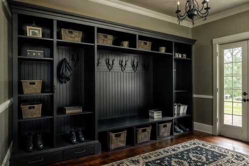 photo from pinterest of gothic-style interior designed (mudroom interior) with cubbies and shelves for shoes and cabinets and high up storage and storage drawers and wall hooks for coats and a bench and storage baskets. . . cinematic photo, highly detailed, cinematic lighting, ultra-detailed, ultrarealistic, photorealism, 8k. trending on pinterest. gothic interior design style. masterpiece, cinematic light, ultrarealistic+, photorealistic+, 8k, raw photo, realistic, sharp focus on eyes, (symmetrical eyes), (intact eyes), hyperrealistic, highest quality, best quality, , highly detailed, masterpiece, best quality, extremely detailed 8k wallpaper, masterpiece, best quality, ultra-detailed, best shadow, detailed background, detailed face, detailed eyes, high contrast, best illumination, detailed face, dulux, caustic, dynamic angle, detailed glow. dramatic lighting. highly detailed, insanely detailed hair, symmetrical, intricate details, professionally retouched, 8k high definition. strong bokeh. award winning photo.