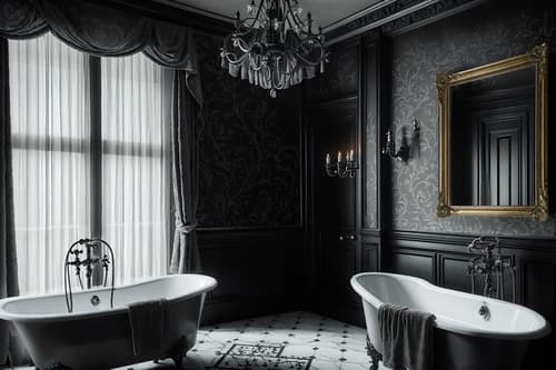 photo from pinterest of gothic-style interior designed (hotel bathroom interior) with bathtub and bath rail and mirror and waste basket and bathroom sink with faucet and bath towel and plant and shower. . . cinematic photo, highly detailed, cinematic lighting, ultra-detailed, ultrarealistic, photorealism, 8k. trending on pinterest. gothic interior design style. masterpiece, cinematic light, ultrarealistic+, photorealistic+, 8k, raw photo, realistic, sharp focus on eyes, (symmetrical eyes), (intact eyes), hyperrealistic, highest quality, best quality, , highly detailed, masterpiece, best quality, extremely detailed 8k wallpaper, masterpiece, best quality, ultra-detailed, best shadow, detailed background, detailed face, detailed eyes, high contrast, best illumination, detailed face, dulux, caustic, dynamic angle, detailed glow. dramatic lighting. highly detailed, insanely detailed hair, symmetrical, intricate details, professionally retouched, 8k high definition. strong bokeh. award winning photo.
