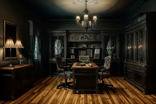 photo from pinterest of gothic-style interior designed (home office interior) with desk lamp and office chair and cabinets and computer desk and plant and desk lamp. . . cinematic photo, highly detailed, cinematic lighting, ultra-detailed, ultrarealistic, photorealism, 8k. trending on pinterest. gothic interior design style. masterpiece, cinematic light, ultrarealistic+, photorealistic+, 8k, raw photo, realistic, sharp focus on eyes, (symmetrical eyes), (intact eyes), hyperrealistic, highest quality, best quality, , highly detailed, masterpiece, best quality, extremely detailed 8k wallpaper, masterpiece, best quality, ultra-detailed, best shadow, detailed background, detailed face, detailed eyes, high contrast, best illumination, detailed face, dulux, caustic, dynamic angle, detailed glow. dramatic lighting. highly detailed, insanely detailed hair, symmetrical, intricate details, professionally retouched, 8k high definition. strong bokeh. award winning photo.