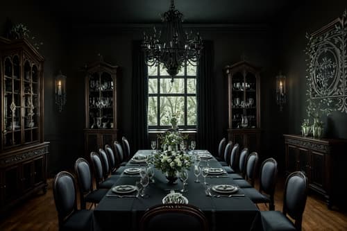 photo from pinterest of gothic-style interior designed (dining room interior) with dining table chairs and plant and vase and plates, cutlery and glasses on dining table and dining table and table cloth and bookshelves and painting or photo on wall. . . cinematic photo, highly detailed, cinematic lighting, ultra-detailed, ultrarealistic, photorealism, 8k. trending on pinterest. gothic interior design style. masterpiece, cinematic light, ultrarealistic+, photorealistic+, 8k, raw photo, realistic, sharp focus on eyes, (symmetrical eyes), (intact eyes), hyperrealistic, highest quality, best quality, , highly detailed, masterpiece, best quality, extremely detailed 8k wallpaper, masterpiece, best quality, ultra-detailed, best shadow, detailed background, detailed face, detailed eyes, high contrast, best illumination, detailed face, dulux, caustic, dynamic angle, detailed glow. dramatic lighting. highly detailed, insanely detailed hair, symmetrical, intricate details, professionally retouched, 8k high definition. strong bokeh. award winning photo.