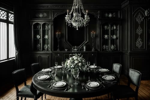 photo from pinterest of gothic-style interior designed (dining room interior) with dining table chairs and plant and vase and plates, cutlery and glasses on dining table and dining table and table cloth and bookshelves and painting or photo on wall. . . cinematic photo, highly detailed, cinematic lighting, ultra-detailed, ultrarealistic, photorealism, 8k. trending on pinterest. gothic interior design style. masterpiece, cinematic light, ultrarealistic+, photorealistic+, 8k, raw photo, realistic, sharp focus on eyes, (symmetrical eyes), (intact eyes), hyperrealistic, highest quality, best quality, , highly detailed, masterpiece, best quality, extremely detailed 8k wallpaper, masterpiece, best quality, ultra-detailed, best shadow, detailed background, detailed face, detailed eyes, high contrast, best illumination, detailed face, dulux, caustic, dynamic angle, detailed glow. dramatic lighting. highly detailed, insanely detailed hair, symmetrical, intricate details, professionally retouched, 8k high definition. strong bokeh. award winning photo.