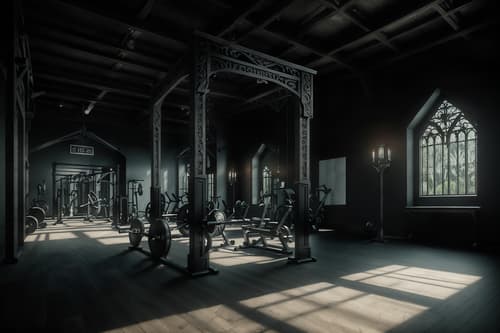 photo from pinterest of gothic-style interior designed (fitness gym interior) with dumbbell stand and squat rack and crosstrainer and exercise bicycle and bench press and dumbbell stand. . . cinematic photo, highly detailed, cinematic lighting, ultra-detailed, ultrarealistic, photorealism, 8k. trending on pinterest. gothic interior design style. masterpiece, cinematic light, ultrarealistic+, photorealistic+, 8k, raw photo, realistic, sharp focus on eyes, (symmetrical eyes), (intact eyes), hyperrealistic, highest quality, best quality, , highly detailed, masterpiece, best quality, extremely detailed 8k wallpaper, masterpiece, best quality, ultra-detailed, best shadow, detailed background, detailed face, detailed eyes, high contrast, best illumination, detailed face, dulux, caustic, dynamic angle, detailed glow. dramatic lighting. highly detailed, insanely detailed hair, symmetrical, intricate details, professionally retouched, 8k high definition. strong bokeh. award winning photo.