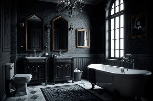 photo from pinterest of gothic-style interior designed (bathroom interior) with waste basket and bathroom sink with faucet and bathroom cabinet and mirror and plant and bath towel and toilet seat and shower. . . cinematic photo, highly detailed, cinematic lighting, ultra-detailed, ultrarealistic, photorealism, 8k. trending on pinterest. gothic interior design style. masterpiece, cinematic light, ultrarealistic+, photorealistic+, 8k, raw photo, realistic, sharp focus on eyes, (symmetrical eyes), (intact eyes), hyperrealistic, highest quality, best quality, , highly detailed, masterpiece, best quality, extremely detailed 8k wallpaper, masterpiece, best quality, ultra-detailed, best shadow, detailed background, detailed face, detailed eyes, high contrast, best illumination, detailed face, dulux, caustic, dynamic angle, detailed glow. dramatic lighting. highly detailed, insanely detailed hair, symmetrical, intricate details, professionally retouched, 8k high definition. strong bokeh. award winning photo.