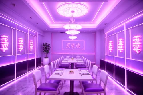 photo from pinterest of vaporwave-style interior designed (restaurant interior) with restaurant dining tables and restaurant decor and restaurant bar and restaurant chairs and restaurant dining tables. . with purple lights and japanese letters on wall and neon glow and japanese letters on wall and white roman statues, white roman sculptures, white roman columns, white roman pillars in the center of the room, and hanging plants and palm trees and purple lights. . cinematic photo, highly detailed, cinematic lighting, ultra-detailed, ultrarealistic, photorealism, 8k. trending on pinterest. vaporwave interior design style. masterpiece, cinematic light, ultrarealistic+, photorealistic+, 8k, raw photo, realistic, sharp focus on eyes, (symmetrical eyes), (intact eyes), hyperrealistic, highest quality, best quality, , highly detailed, masterpiece, best quality, extremely detailed 8k wallpaper, masterpiece, best quality, ultra-detailed, best shadow, detailed background, detailed face, detailed eyes, high contrast, best illumination, detailed face, dulux, caustic, dynamic angle, detailed glow. dramatic lighting. highly detailed, insanely detailed hair, symmetrical, intricate details, professionally retouched, 8k high definition. strong bokeh. award winning photo.